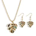 Summer Beach Gold Monstera Deliciosa Necklace & Natural Abalone Shell Turtle Drop Earring Jewelry Set 1