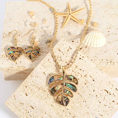 Summer Beach Gold Monstera Deliciosa Necklace & Natural Abalone Shell Turtle Drop Earring Jewelry Set detail 3