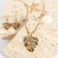 Summer Beach Gold Monstera Deliciosa Necklace & Natural Abalone Shell Turtle Drop Earring Jewelry Set 3