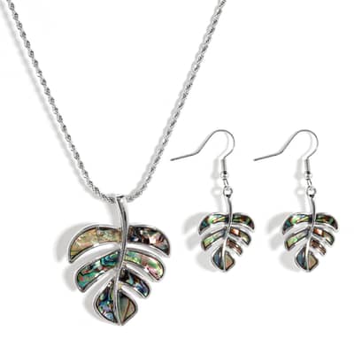 Summer Beach Gold Monstera Deliciosa Necklace & Natural Abalone Shell Turtle Drop Earring Jewelry Set detail 5