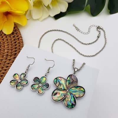 Luxury Gold Shell Drop Earring & Natural Abalone Shell Plumeria Frangipani Pendant Necklace Set detail 1