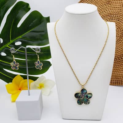 Luxury Gold Shell Drop Earring & Natural Abalone Shell Plumeria Frangipani Pendant Necklace Set detail 3