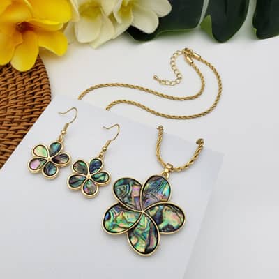 Luxury Gold Shell Drop Earring & Natural Abalone Shell Plumeria Frangipani Pendant Necklace Set detail 6