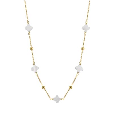 Lucky Four Leaf Clover Natural Shell Pearl Necklace, 925 Silver & 14K Gold Plated