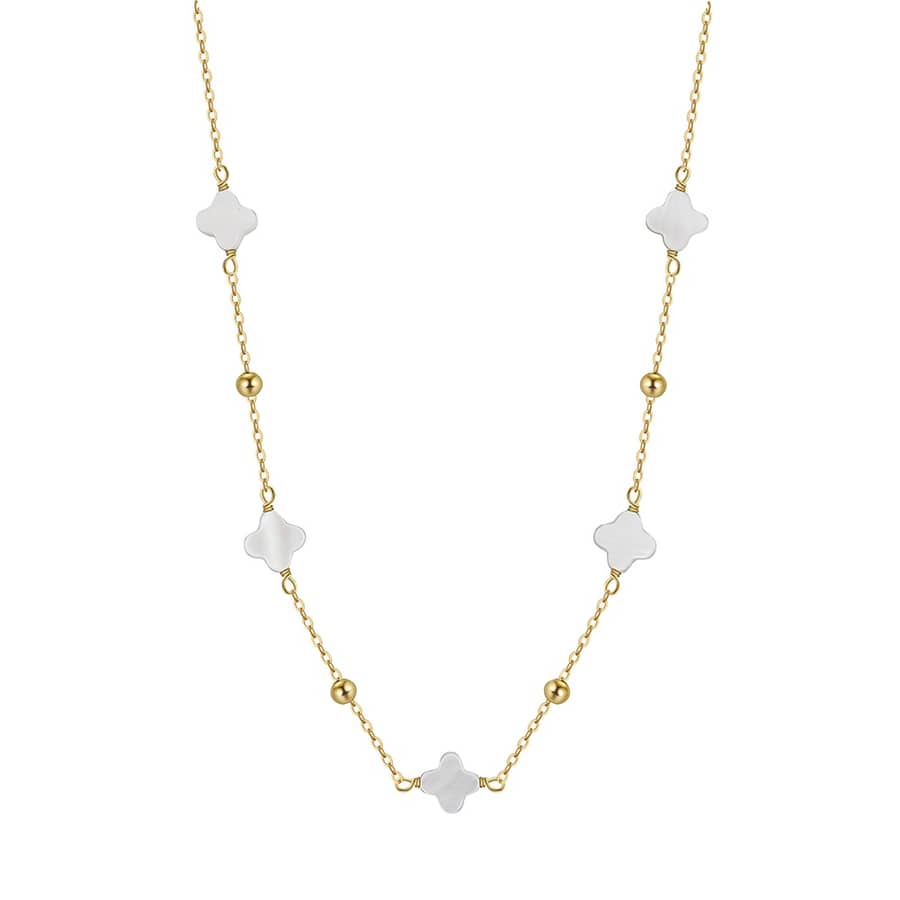 Lucky Four Leaf Clover Natural Shell Pearl Necklace, 925 Silver & 14K Gold Plated - main