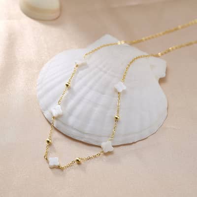 Four Leaf Clover Natural Shell Pearl Necklace, 14K Gold Plated 925 Sterling Silver