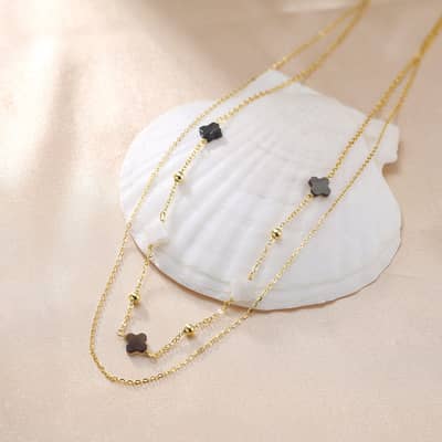 Double Layer Pearl Clover Necklace with Black Shell Clover, 925 Sterling Silver
