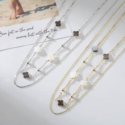 Double Layer Pearl Clover Necklace with Black Shell Clover, 925 Sterling Silver detail 3