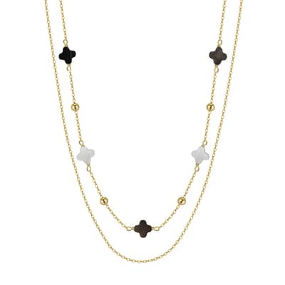 Classic Black Shell Pearl Four-leaf Clover Pendant Necklace, 925 Sterling Silver Double-layer