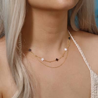 Classic Black Shell Pearl Four-leaf Clover Pendant Necklace, 925 Sterling Silver Double-layer detail 3