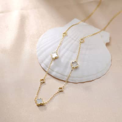 Double Sided Four Leaf Clover Pearl Chain Necklace, 14K Gold Plated 925 Sterling Silver