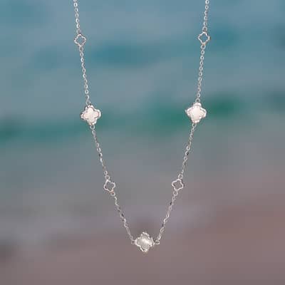 Double Sided Four Leaf Clover Pearl Chain Necklace, 14K Gold Plated 925 Sterling Silver detail 4