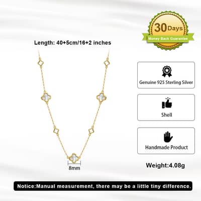 Double Sided Four Leaf Clover Pearl Chain Necklace, 14K Gold Plated 925 Sterling Silver detail 5