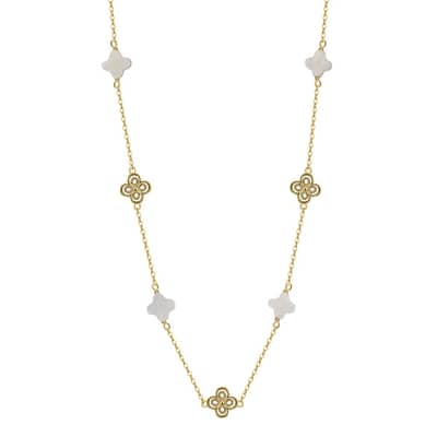 Shell Pearl Four Leaf Clover Collarbone Necklace, 14K Gold Plated 925 Silver