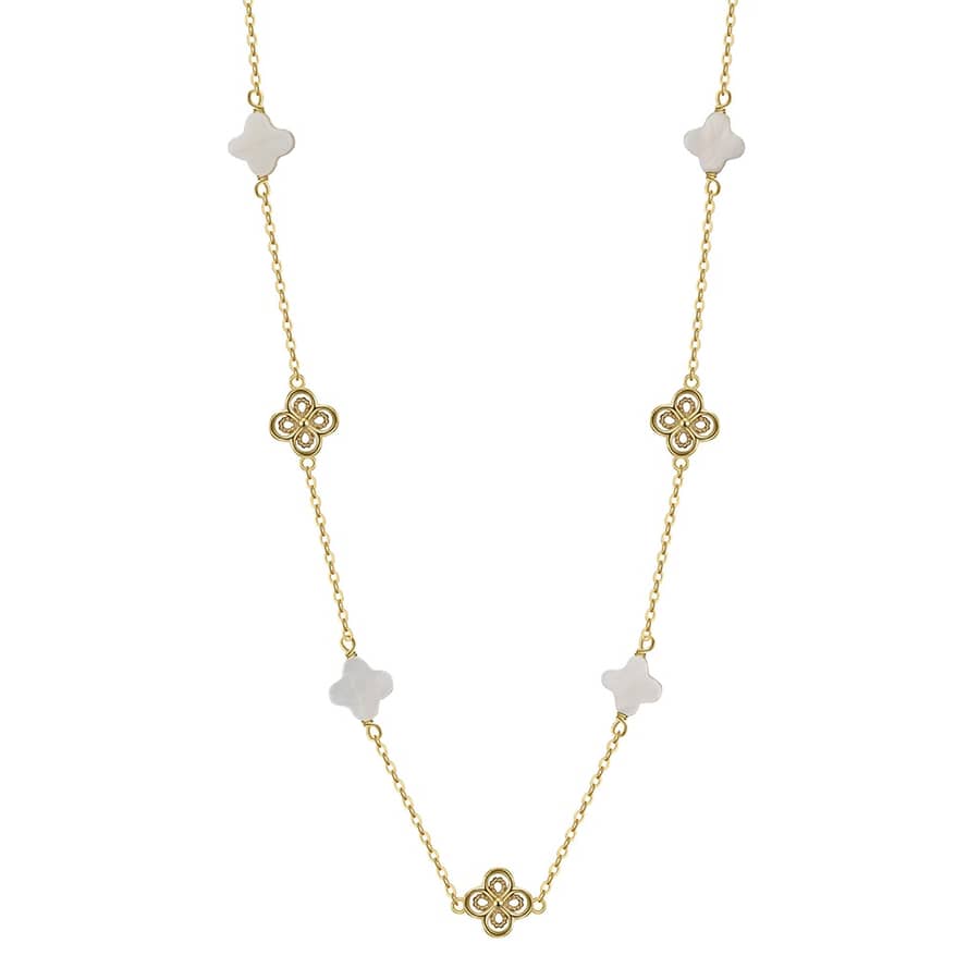 Shell Pearl Four Leaf Clover Collarbone Necklace, 14K Gold Plated 925 Silver - main
