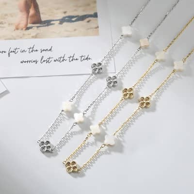 Shell Pearl Four Leaf Clover Collarbone Necklace, 14K Gold Plated 925 Silver detail 3