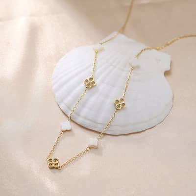Shell Pearl Four Leaf Clover Collarbone Necklace, 14K Gold Plated 925 Silver detail 5