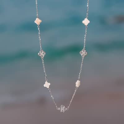 Shell Pearl Four Leaf Clover Collarbone Necklace, 14K Gold Plated 925 Silver detail 6