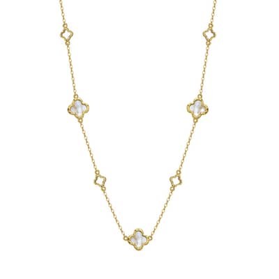 Shell Pearl Four-leaf Clover Collarbone Chain Necklace, 14K Gold Plated 925 Sterling Silver