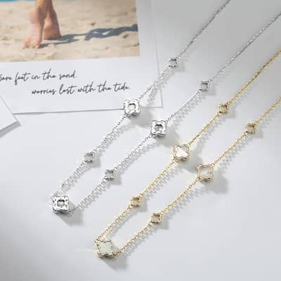 Shell Pearl Four-leaf Clover Collarbone Chain Necklace, 14K Gold Plated 925 Sterling Silver detail 3