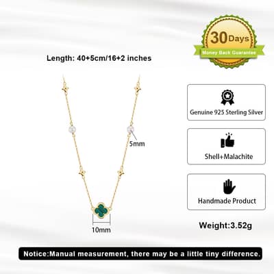 Four Leaf Clover Shell Pearl Pendant Necklace with Green Malachite, 14K Gold Plated 925 Silver detail 5