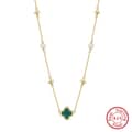 Four Leaf Clover Shell Pearl Pendant Necklace with Green Malachite, 14K Gold Plated 925 Silver 6