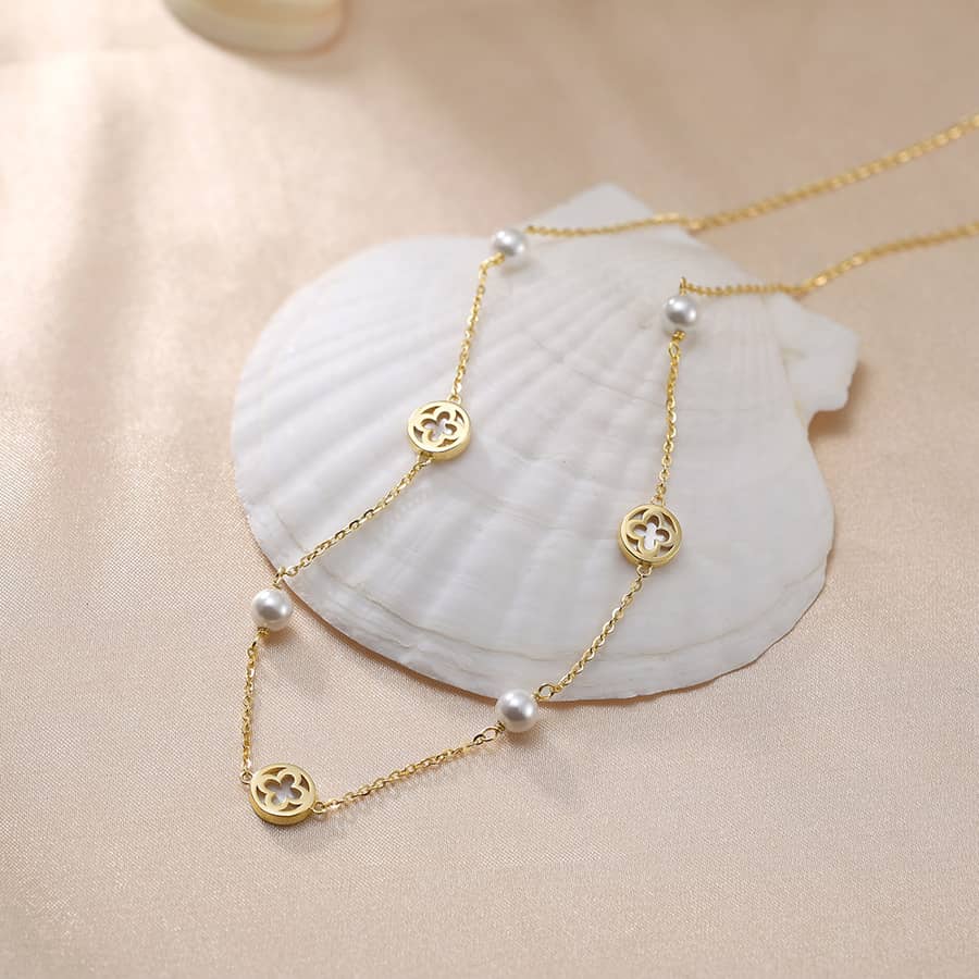 Shell Pearl Four Leaf Clover Pendant Necklace, 925 Sterling Silver - main