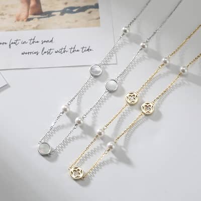 Shell Pearl Four Leaf Clover Pendant Necklace, 925 Sterling Silver detail 2