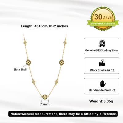 Black Shell Pearl Four Leaf Clover Collarbone Chain Necklace, 925 Sterling Silver detail 5