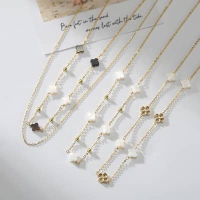 Four-leaf Clover Shell Pearl Clavicle Chain Necklace, 14K Gold Plated 925 Silver detail 6