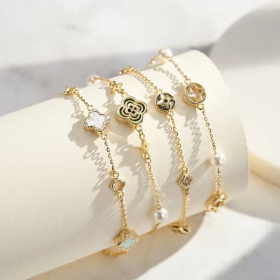 S925 Sterling Silver Shell Pearl 14K Gold Plated Lucky Four Leaf Clover Chain Bracelet detail 3