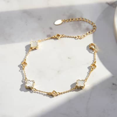 S925 Sterling Silver Shell Pearl 14K Gold Plated Lucky Four Leaf Clover Chain Bracelet detail 4