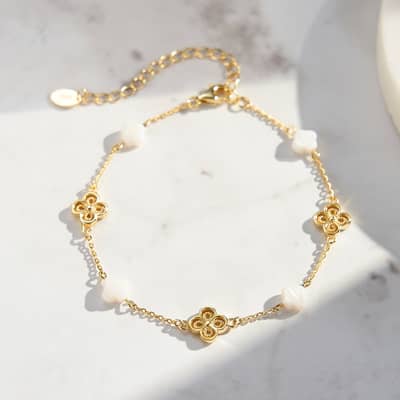 S925 Sterling Silver Shell Pearl 14K Gold Plated Lucky Four Leaf Clover Chain Bracelet detail 5