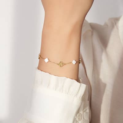 S925 Sterling Silver Shell Pearl 14K Gold Plated Lucky Four Leaf Clover Chain Bracelet detail 6