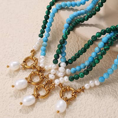 Turquoise Beaded Chain Necklace 18K Gold Plated Titanium Steel Freshwater Pearl Pendant detail 1