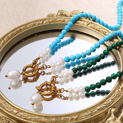 Turquoise Beaded Chain Necklace 18K Gold Plated Titanium Steel Freshwater Pearl Pendant detail 2