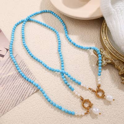 Turquoise Beaded Chain Necklace 18K Gold Plated Titanium Steel Freshwater Pearl Pendant detail 3