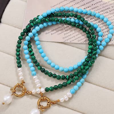 Turquoise Beaded Chain Necklace 18K Gold Plated Titanium Steel Freshwater Pearl Pendant detail 4