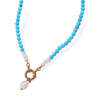 Turquoise Beaded Chain Necklace 18K Gold Plated Titanium Steel Freshwater Pearl Pendant detail 5
