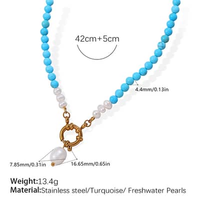 Turquoise Beaded Chain Necklace 18K Gold Plated Titanium Steel Freshwater Pearl Pendant detail 6