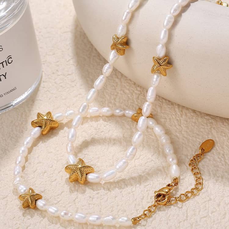 Stainless Steel Tarnish Free Pearl Bracelet Necklace Set 18K Gold Plated Ocean Series Starfish Pendant - main