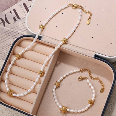 Stainless Steel Tarnish Free Pearl Bracelet Necklace Set 18K Gold Plated Ocean Series Starfish Pendant detail 2