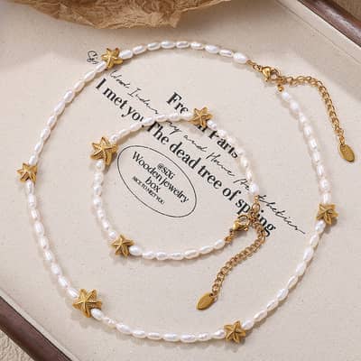 Stainless Steel Tarnish Free Pearl Bracelet Necklace Set 18K Gold Plated Ocean Series Starfish Pendant detail 3