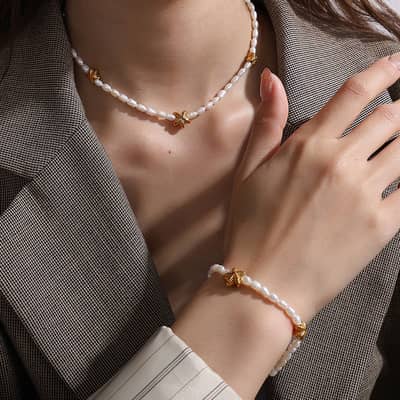 Stainless Steel Tarnish Free Pearl Bracelet Necklace Set 18K Gold Plated Ocean Series Starfish Pendant detail 4