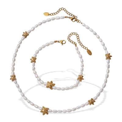 Stainless Steel Tarnish Free Pearl Bracelet Necklace Set 18K Gold Plated Ocean Series Starfish Pendant detail 5
