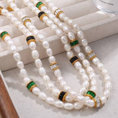 Stainless Steel 18K Gold Plated Pearl Necklace Bracelet Set Freshwater Pearl Choker detail 1