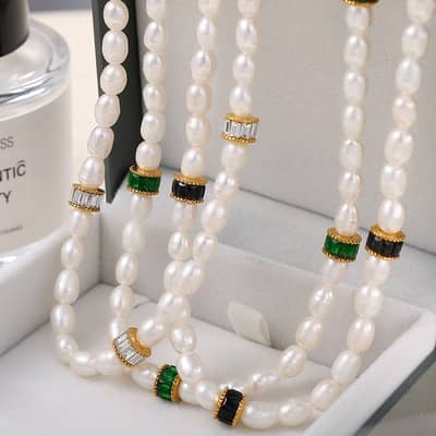 Stainless Steel 18K Gold Plated Pearl Necklace Bracelet Set Freshwater Pearl Choker detail 2