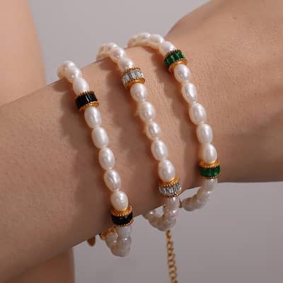 Stainless Steel 18K Gold Plated Pearl Necklace Bracelet Set Freshwater Pearl Choker detail 3