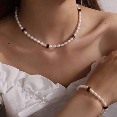 Stainless Steel 18K Gold Plated Pearl Necklace Bracelet Set Freshwater Pearl Choker detail 4