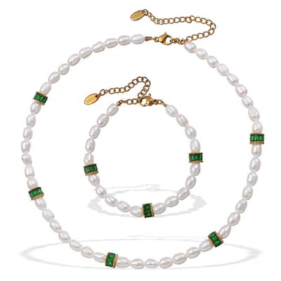Stainless Steel 18K Gold Plated Pearl Necklace Bracelet Set Freshwater Pearl Choker detail 5